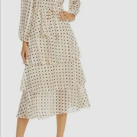 Anthropologie | Dresses | Opt Womens Beige Vneck Long Sleeve Tiered Polka  Dot Dress Size L | Poshmark
